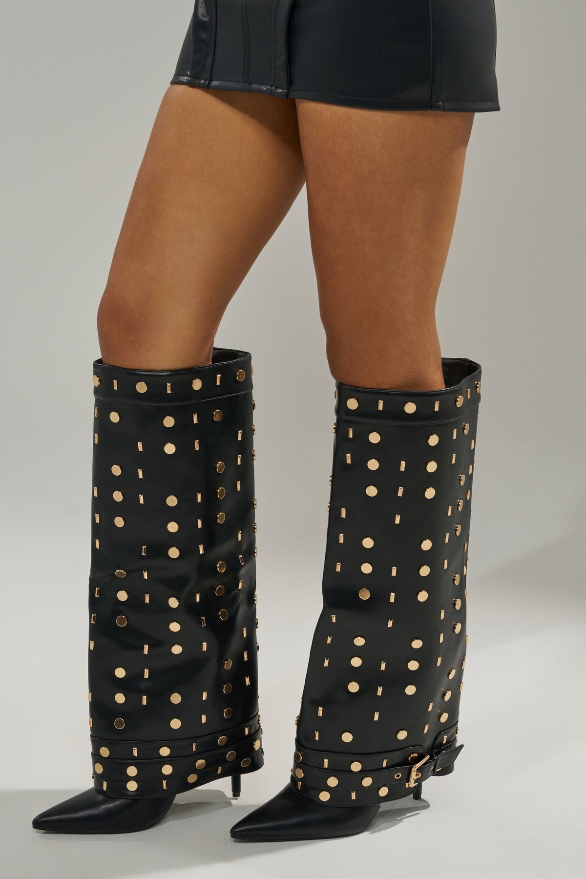 AZALEA WANG ANISSA BLACK MULTI GOLD HARDWARE STILETTO BOOT