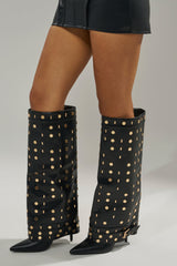 AZALEA WANG ANISSA BLACK MULTI GOLD HARDWARE STILETTO BOOT