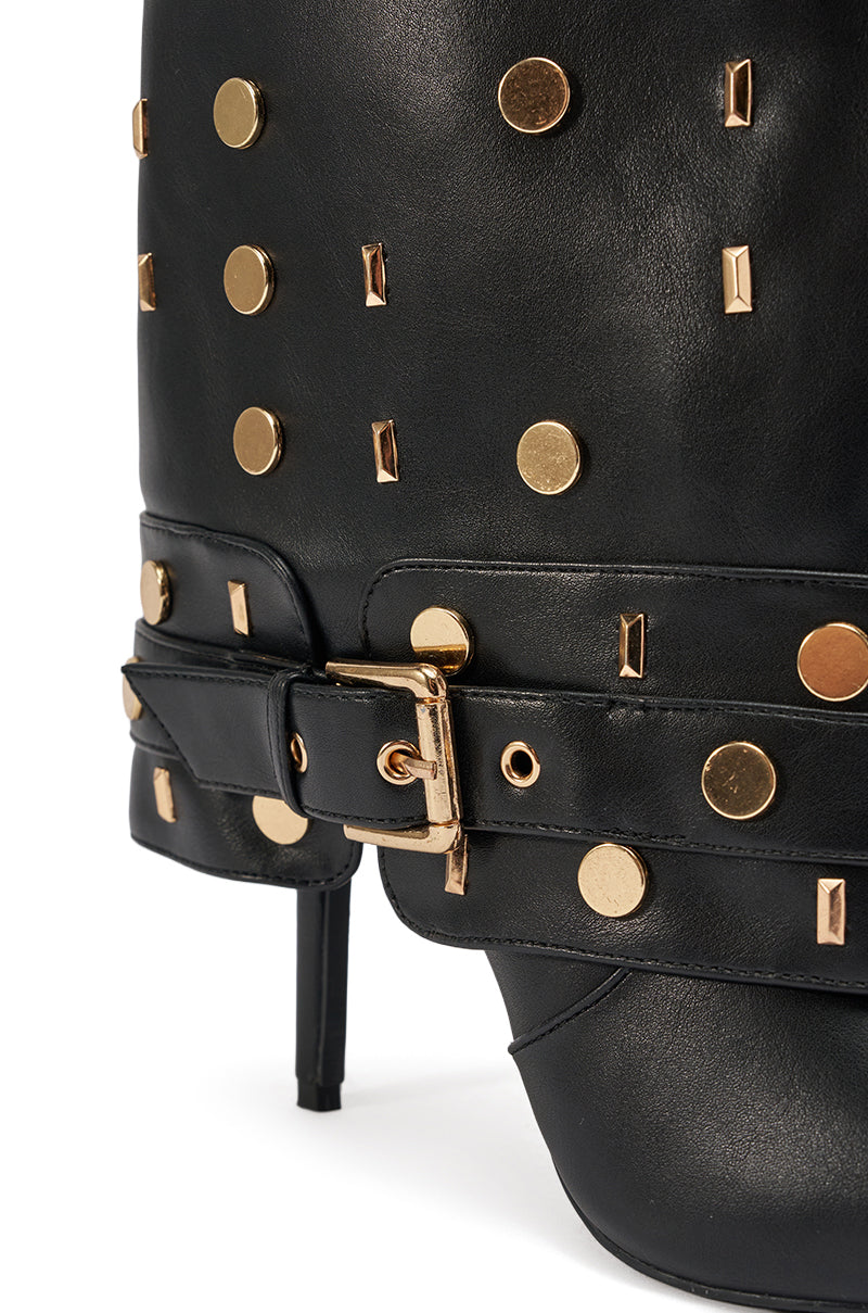 AZALEA WANG ANISSA BLACK MULTI GOLD HARDWARE STILETTO BOOT