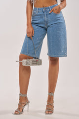 BLING BLING RHINESTONE DARK BLUE DENIM BERMUDA SHORT