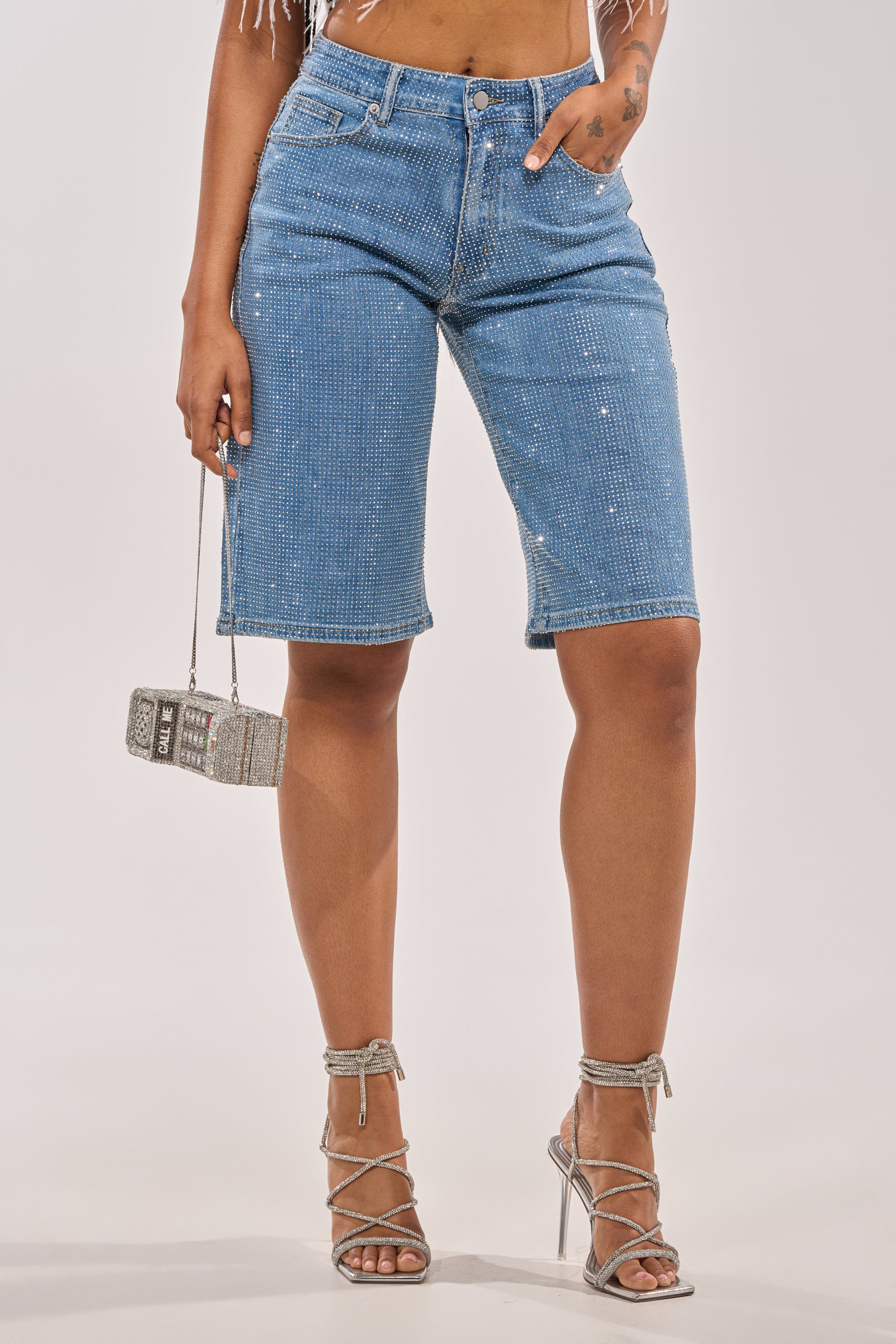 BLING BLING RHINESTONE DARK BLUE DENIM BERMUDA SHORT