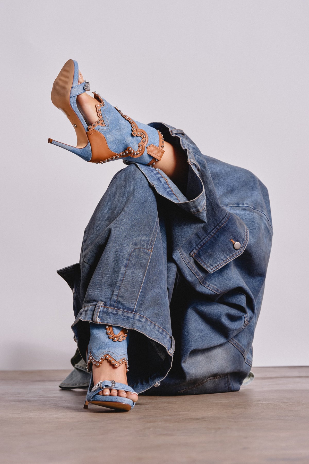 AZALEA WANG CAPRIZIA DENIM WESTERN NOVELTY STUDDED STILETTO SANDAL
