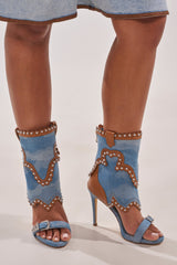 AZALEA WANG CAPRIZIA DENIM WESTERN NOVELTY STUDDED STILETTO SANDAL