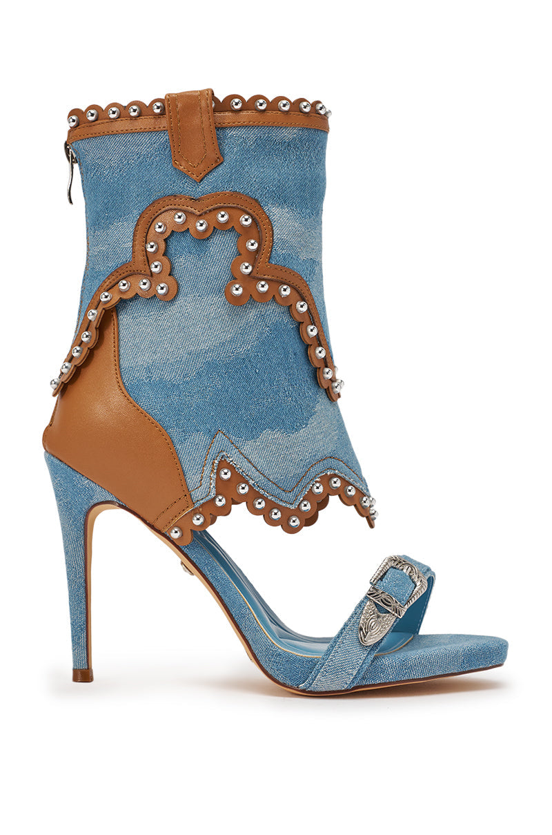 AZALEA WANG CAPRIZIA DENIM WESTERN NOVELTY STUDDED STILETTO SANDAL