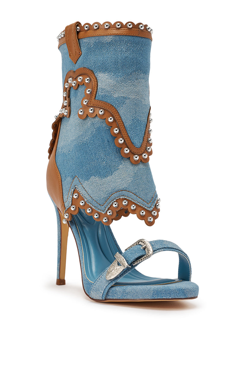 AZALEA WANG CAPRIZIA DENIM WESTERN NOVELTY STUDDED STILETTO SANDAL