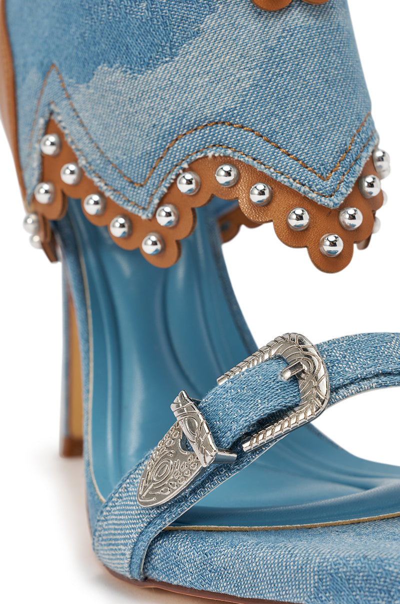 AZALEA WANG CAPRIZIA DENIM WESTERN NOVELTY STUDDED STILETTO SANDAL
