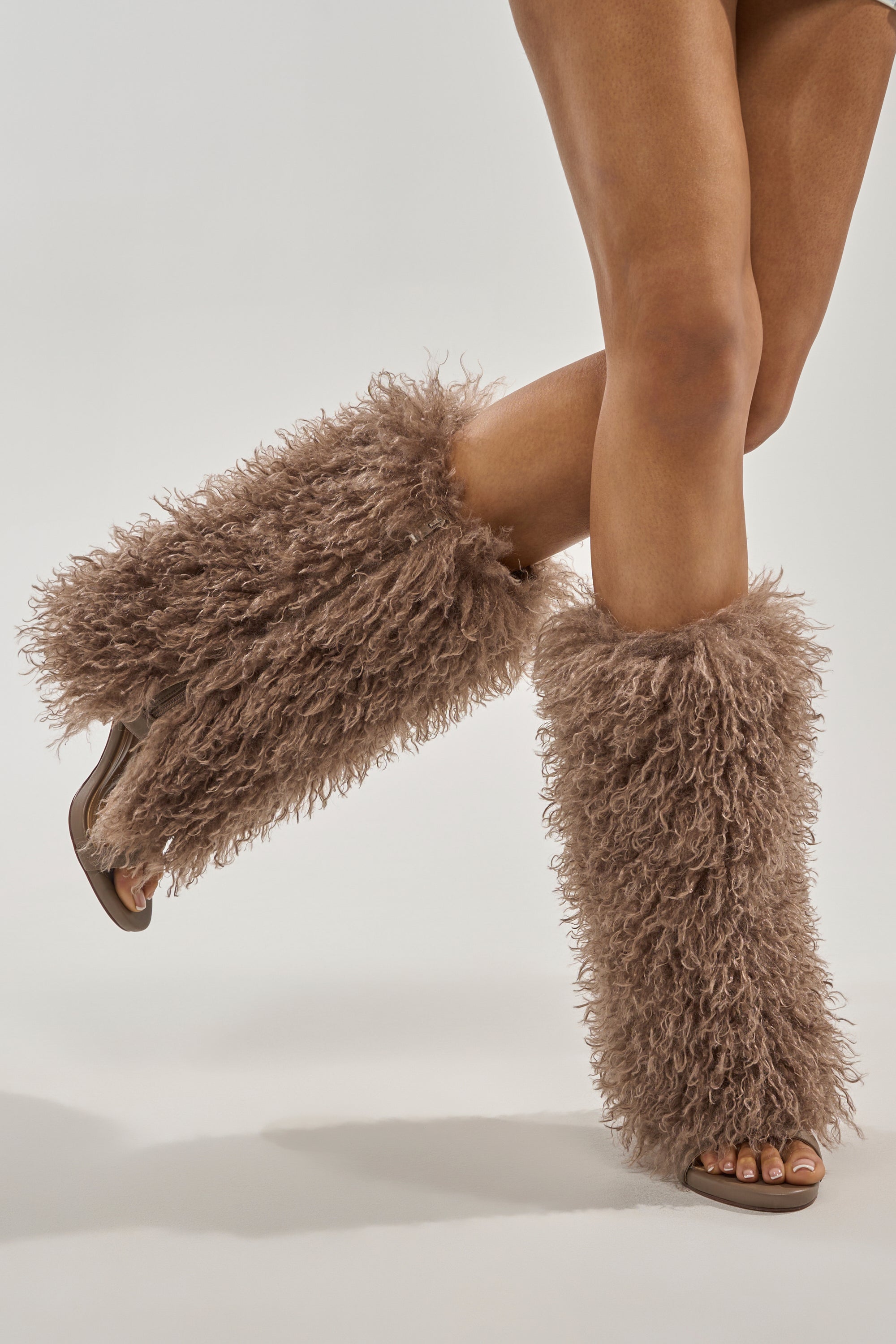 Azalea Wang CLOUD NINE TAUPE FUR OPEN TOE BOOT