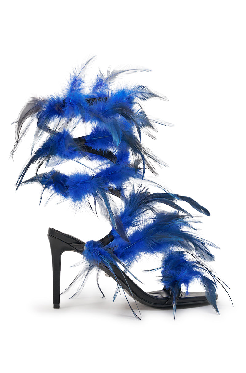 AKIRA GOLD COVERT FEATHER EMBELLISHED SPIRAL STRAP STILETTO SANDAL