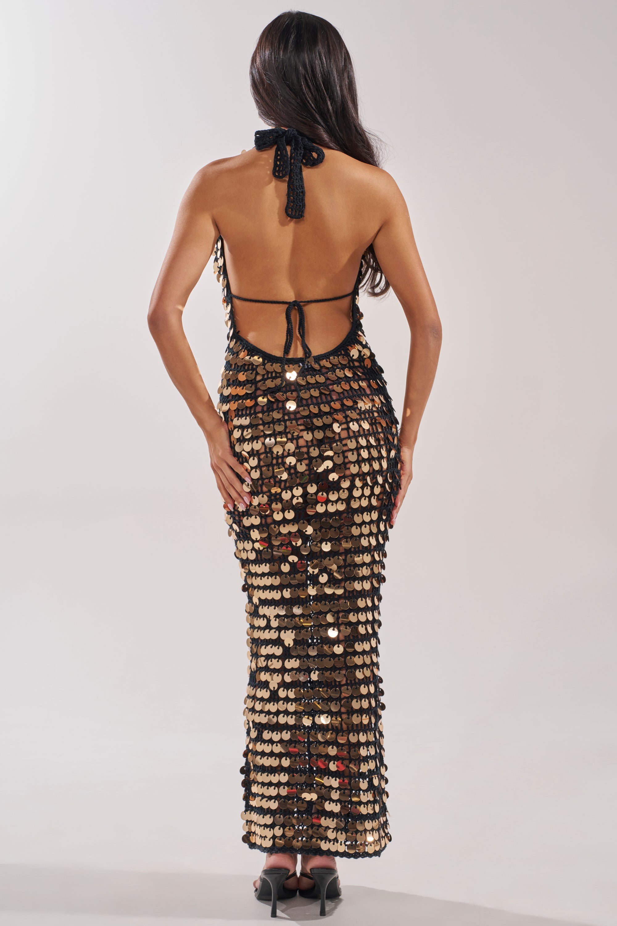 ARIEL SEQUIN CROCHET MAXI DRESS IN BLACK