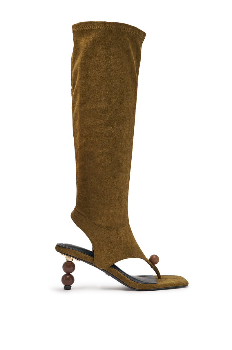 AZALEA WANG DOTTIE OLIVE STRETCH FAUX SUEDE BOOT WITH EMBELLISHED HEEL AND TOE HARDWARE