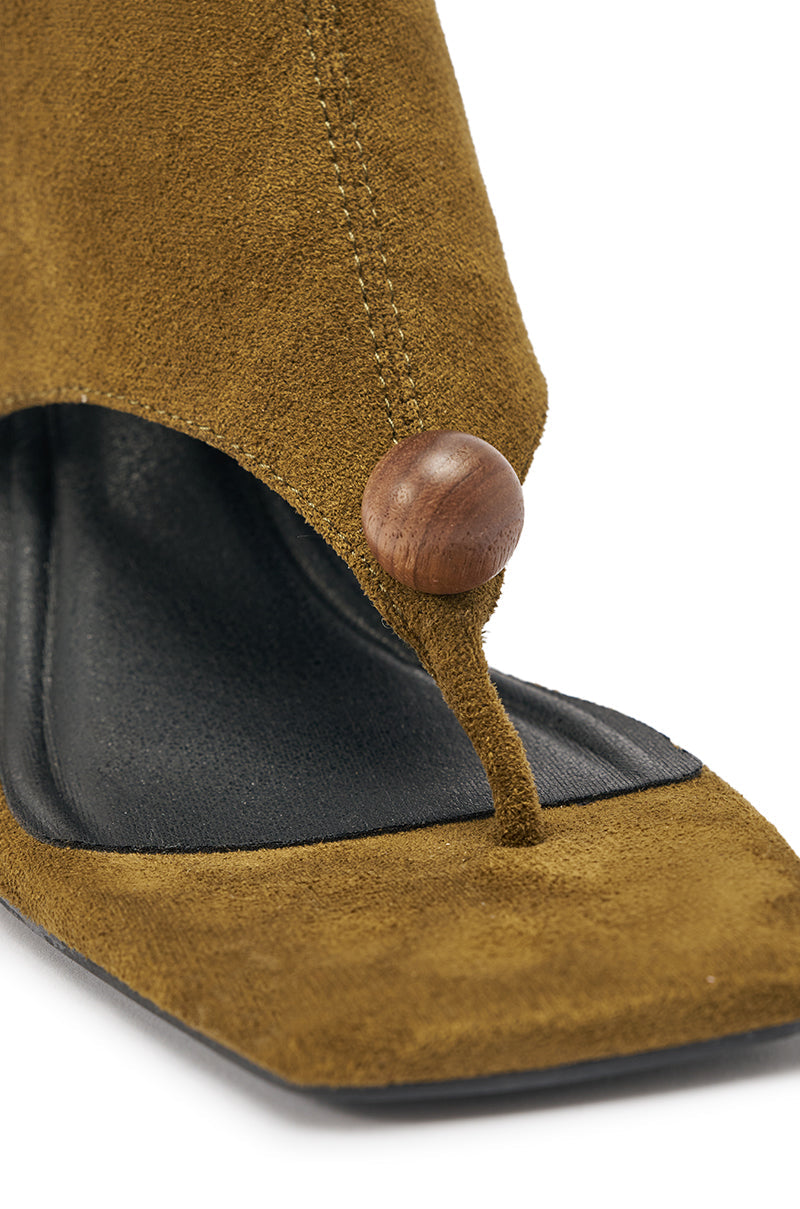 AZALEA WANG DOTTIE OLIVE STRETCH FAUX SUEDE BOOT WITH EMBELLISHED HEEL AND TOE HARDWARE