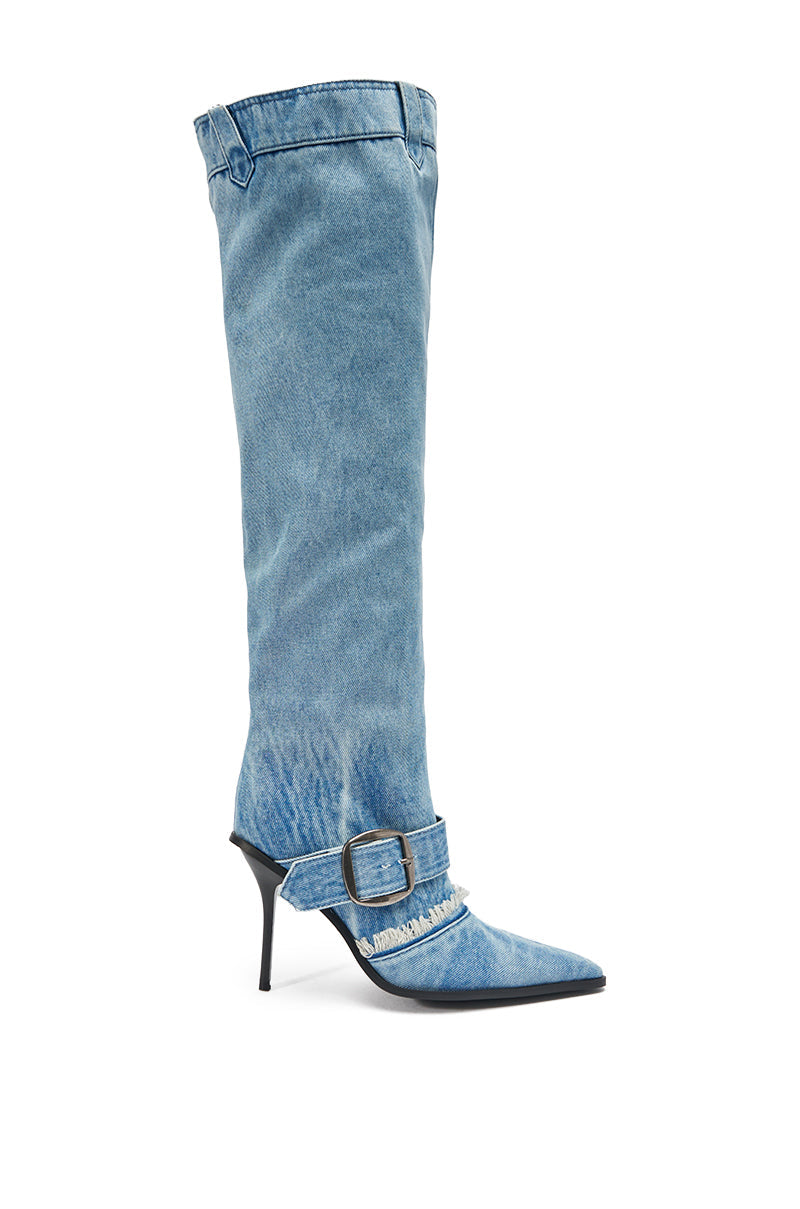 AKIRA GOLD DURANGO DENIM STILETTO PANT LOOK BOOT