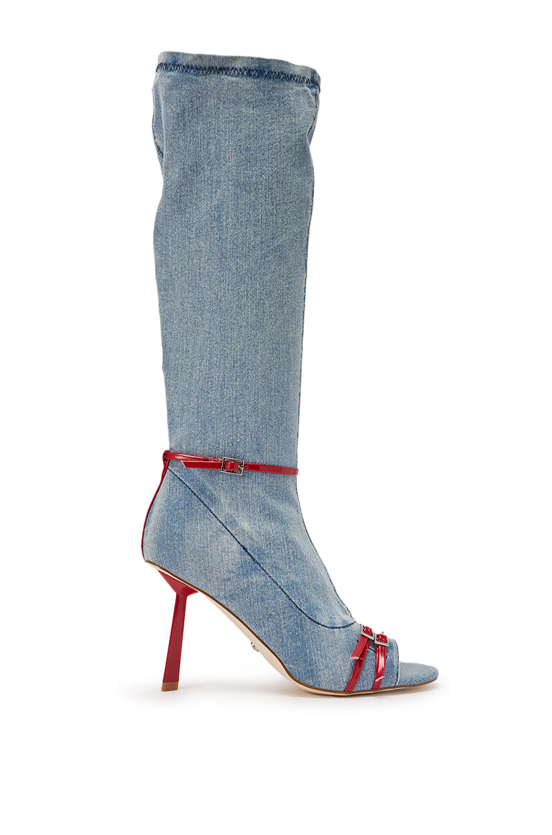 AZALEA WANG EMIRA DENIM STILETTO OPEN TOE BOOT