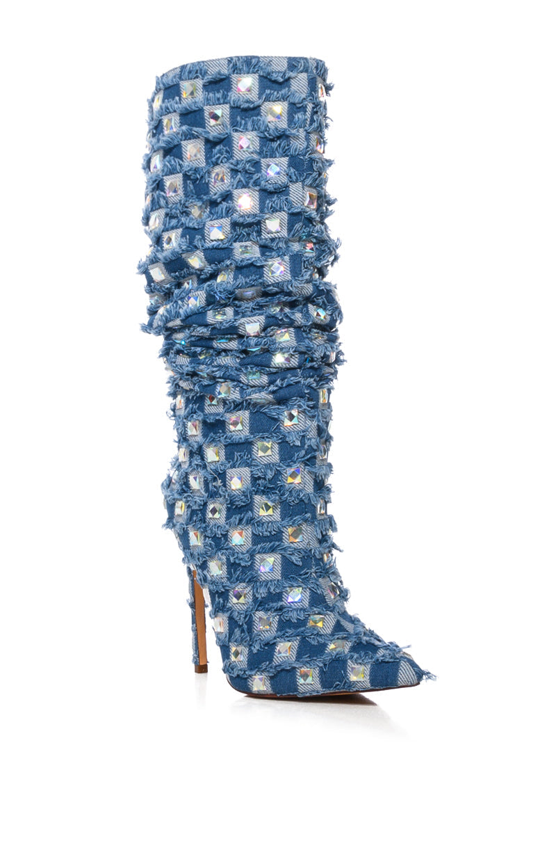 AZALEA WANG EVE DENIM KNEE HIGH EMBELLISHED BOOT