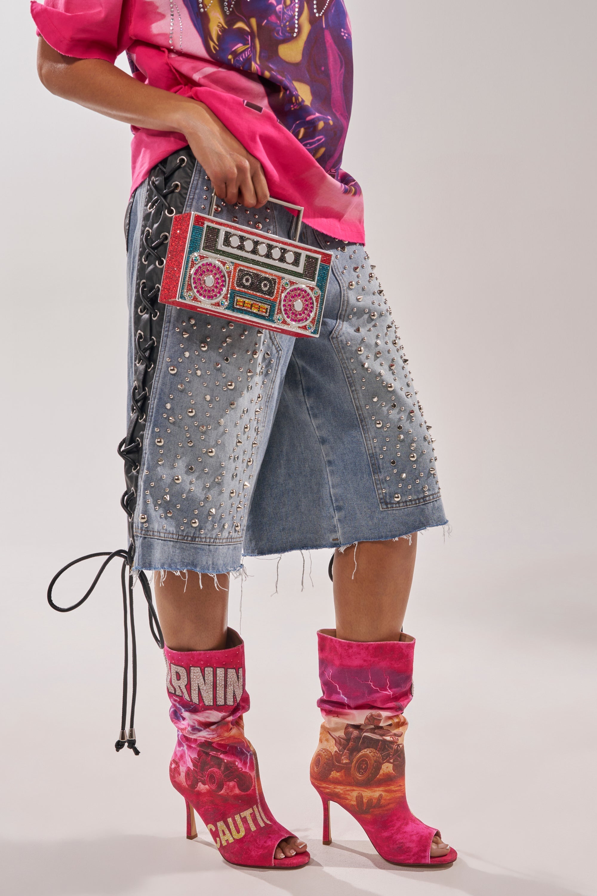 AKIRA GOLD FORMIDABLE PINK MULTI ABSTRACT OPEN TOE BOOTIE