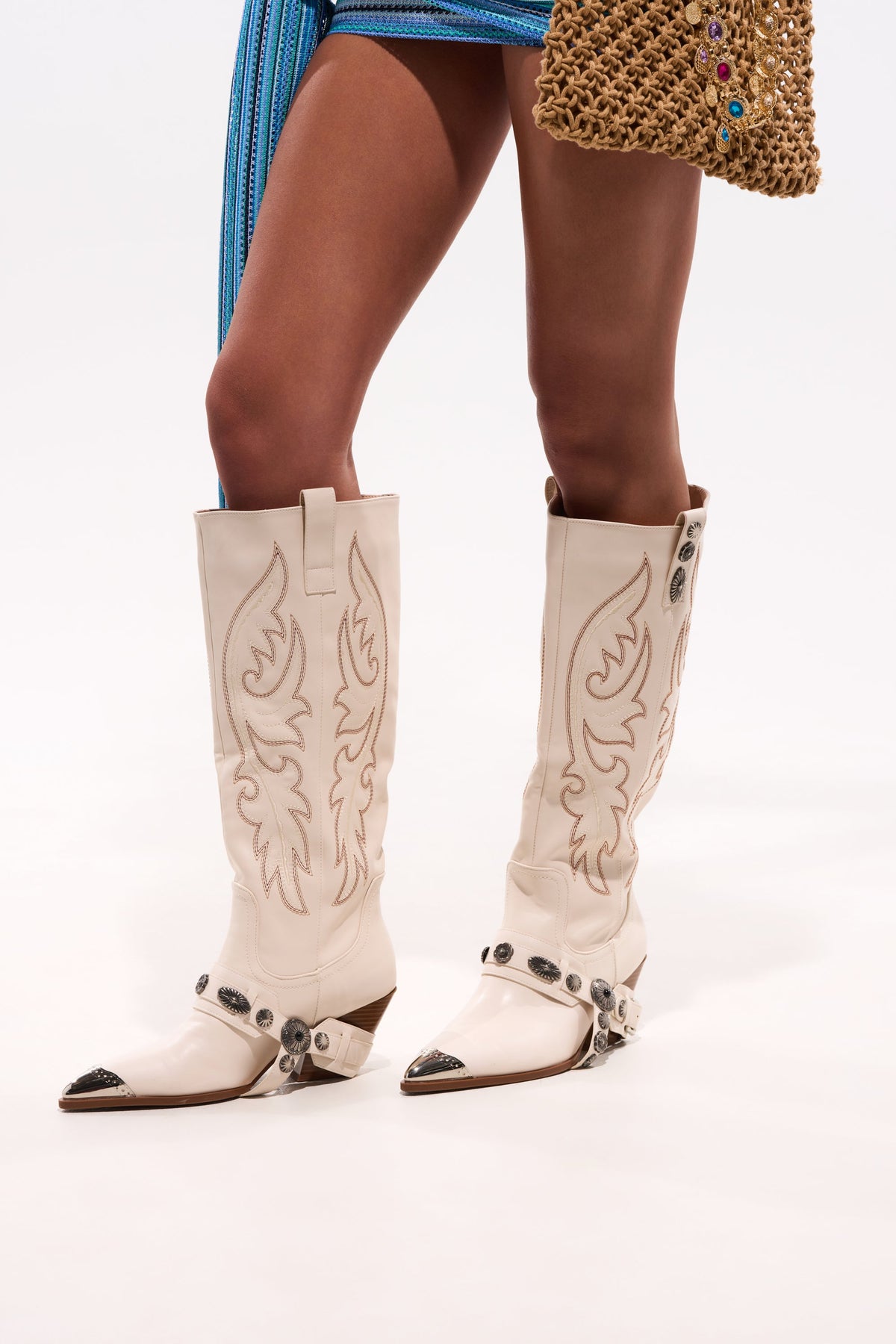 AZALEA WANG GERVASE BONE PU SILVER HARDWARE WESTERN BOOT