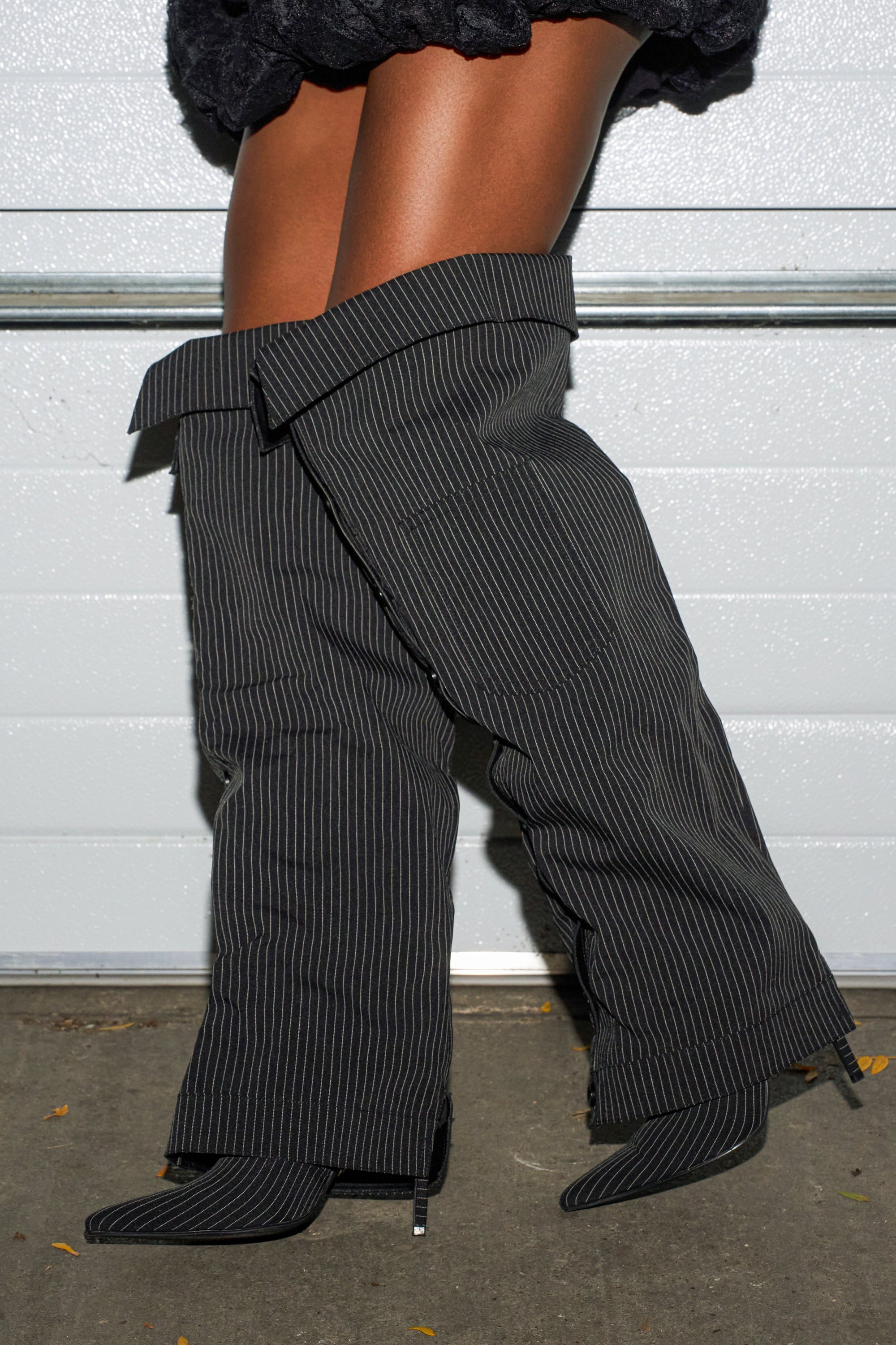 AZALEA WANG IMRI BLACK SHIRTING STRIPED STILETTO BOOT