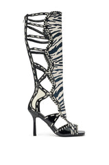 AZALEA WANG INDRANI HIGH SHAFT BLACK AND WHITE ZEBRA PRINT GLADIATOR SANDAL
