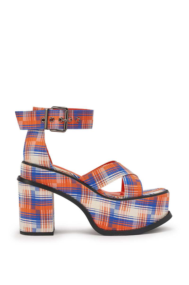 AZALEA WANG JAETYN ORANGE PLAID CHUNKY PUMP