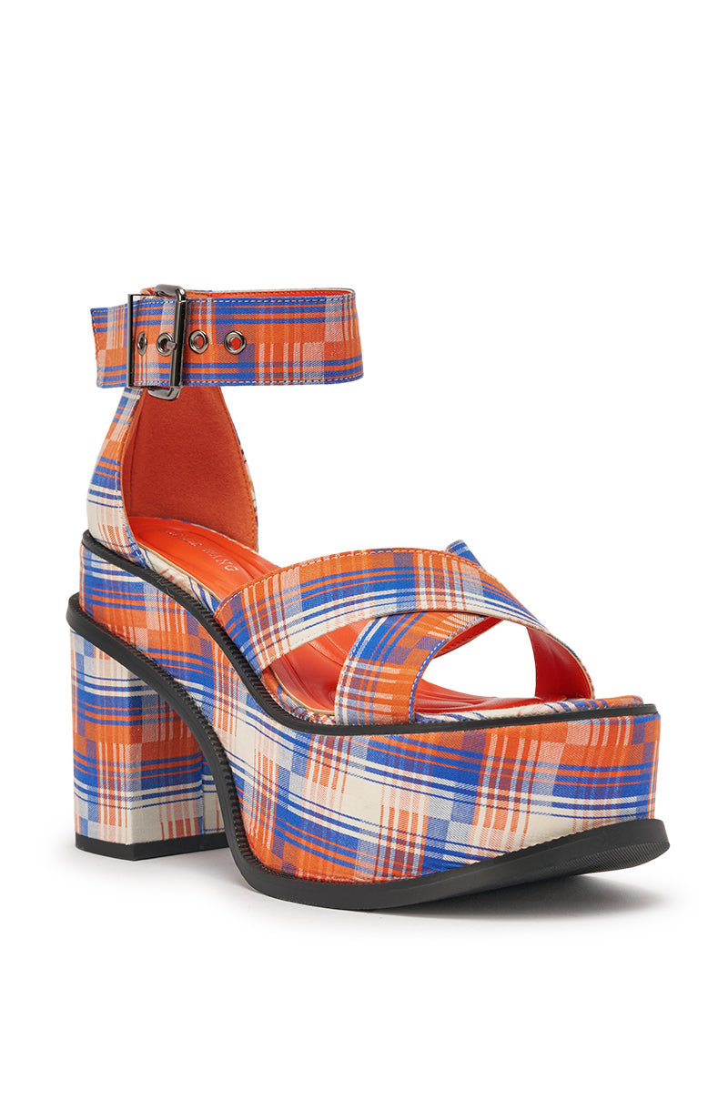 AZALEA WANG JAETYN ORANGE PLAID CHUNKY PUMP