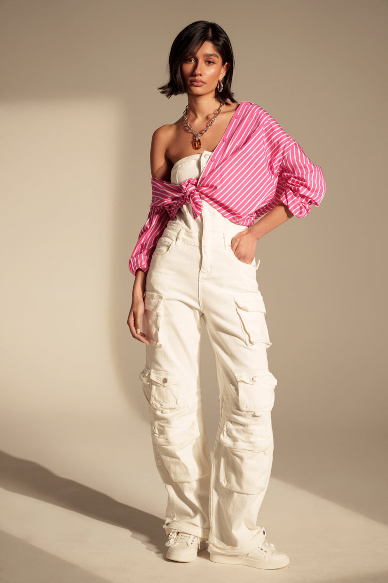 LINDSAY DENIM CARGO JUMPSUIT IN WHITE