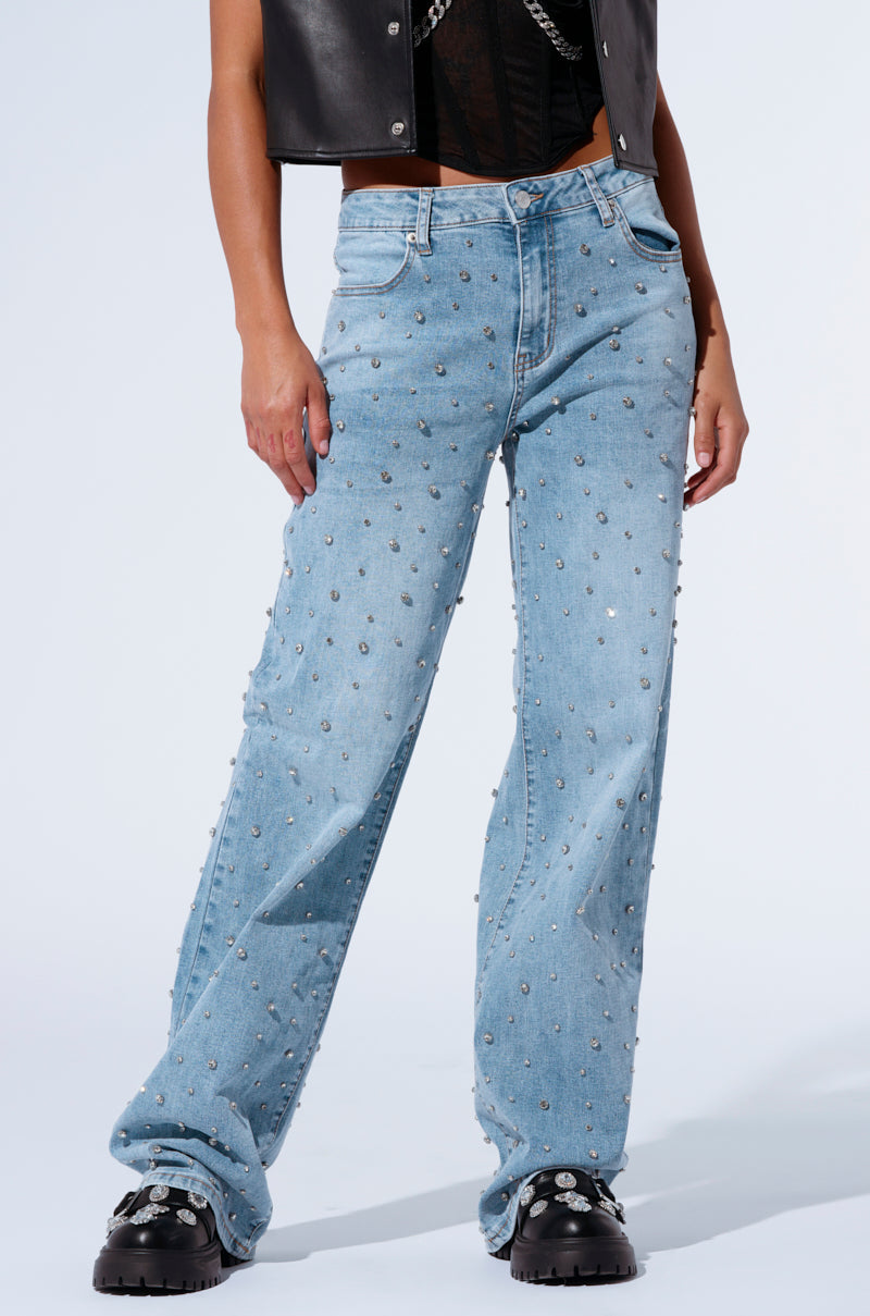 HITS EVERYTIME RHINESTONE EMBELLISHED STRAIGHT LEG JEANS