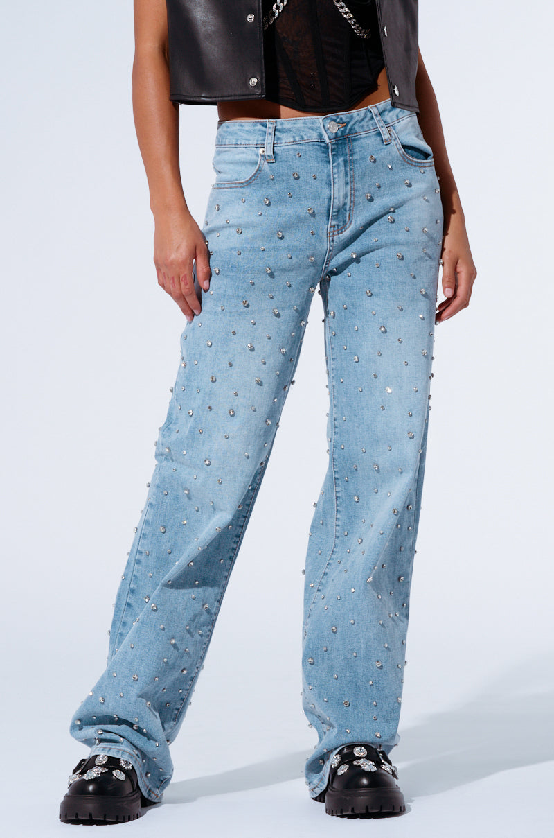 HITS EVERYTIME RHINESTONE EMBELLISHED STRAIGHT LEG JEANS