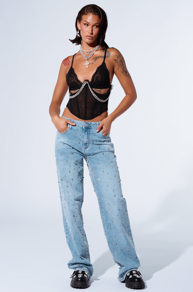 HITS EVERYTIME RHINESTONE EMBELLISHED STRAIGHT LEG JEANS