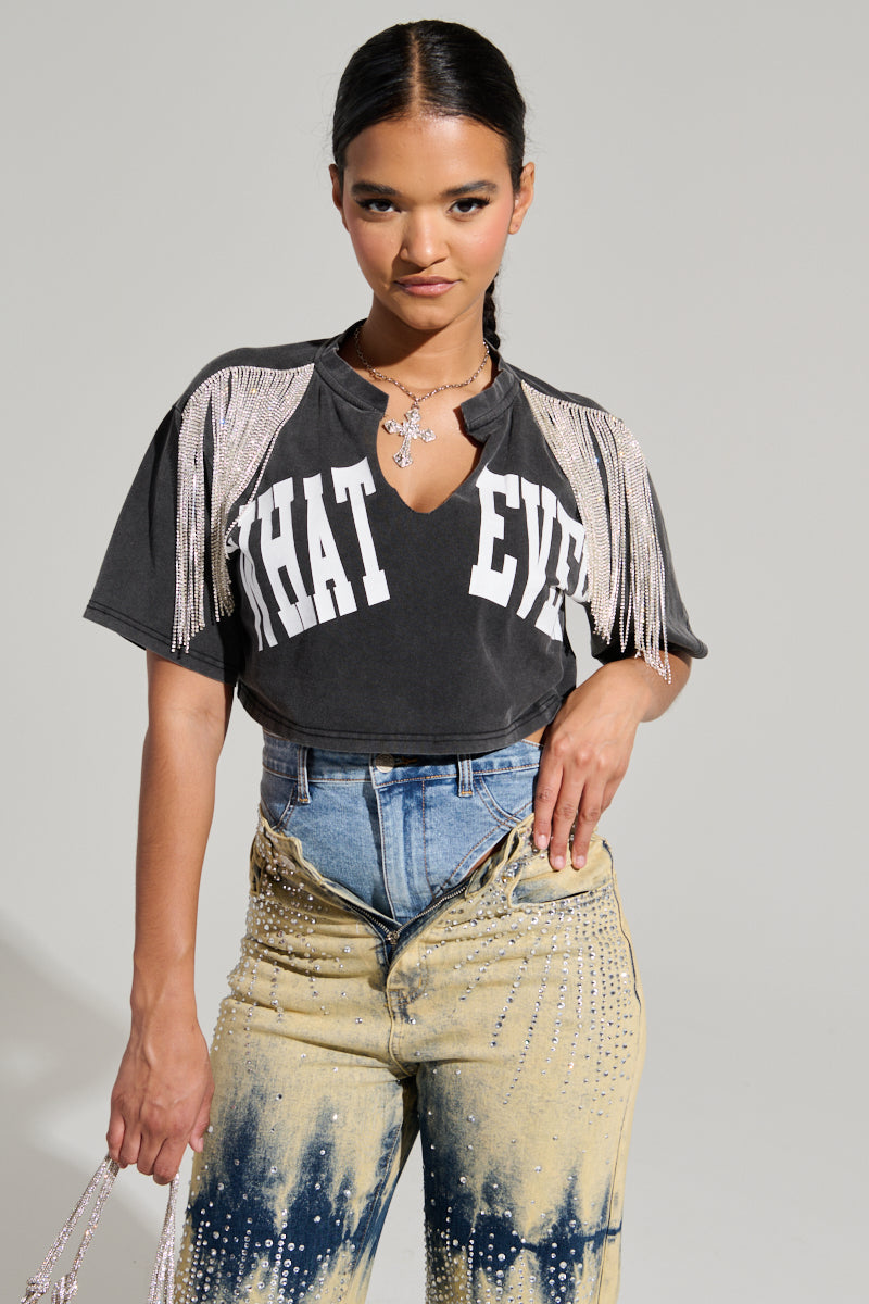 KISS IT SHORT SLEEVE RHINESTIONE FRINGE TEE