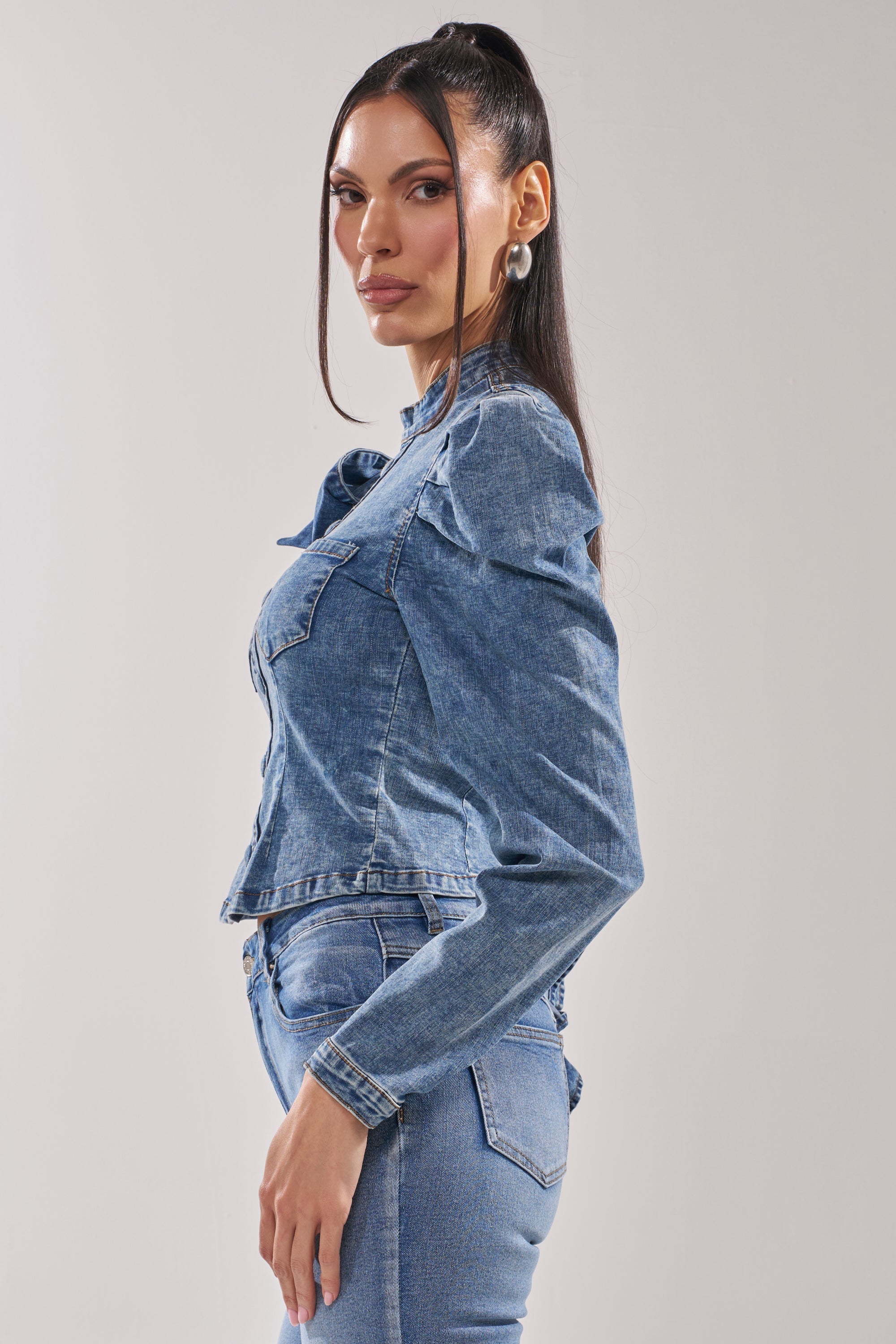 SEIZE THE DAY LONG SLEEVE FLOUNCE MEDIUM BLUE DENIM TOP