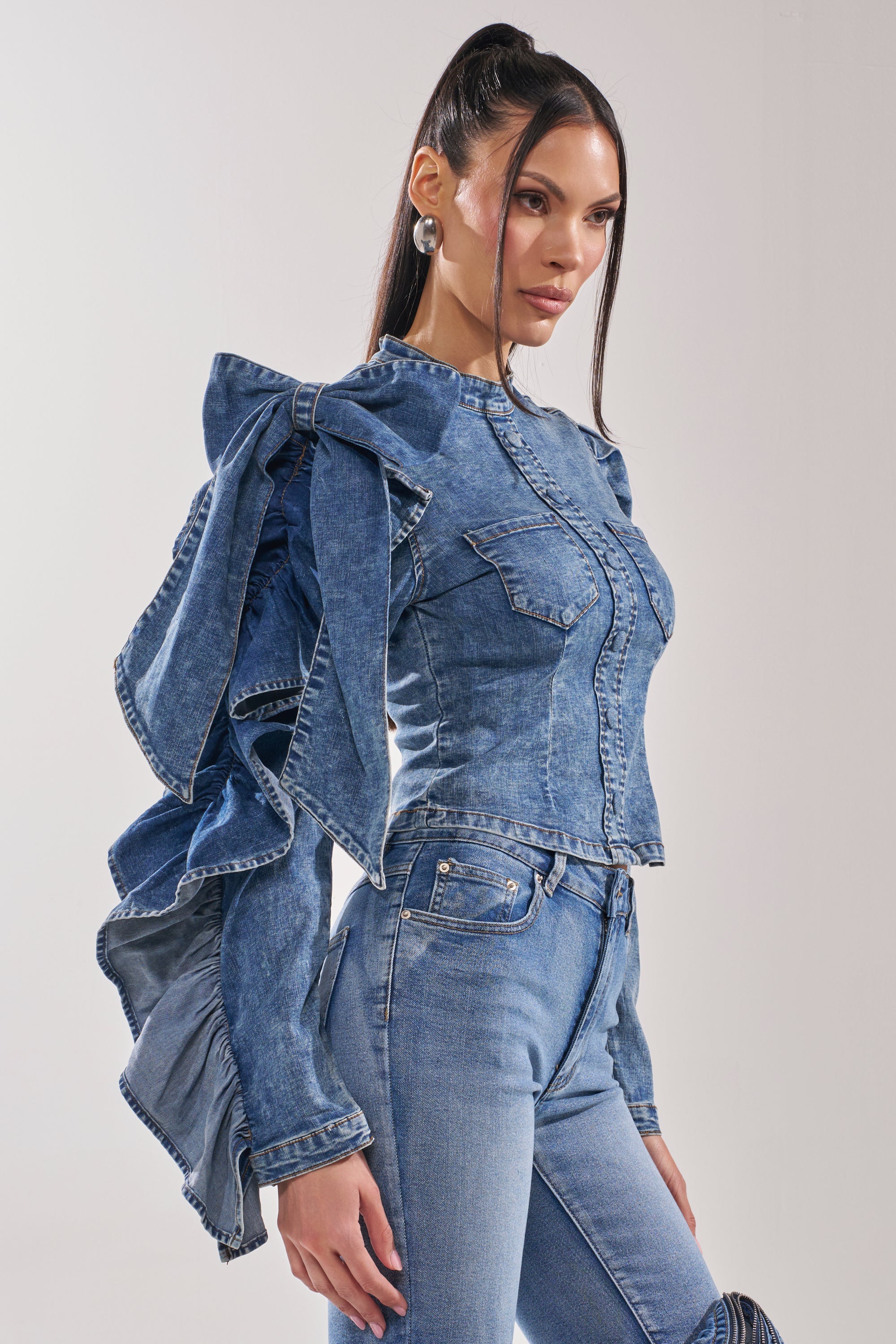 SEIZE THE DAY LONG SLEEVE FLOUNCE MEDIUM BLUE DENIM TOP