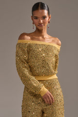 PRETTY IN GOLD OFF THE SHOULDER SWEATSHIRT