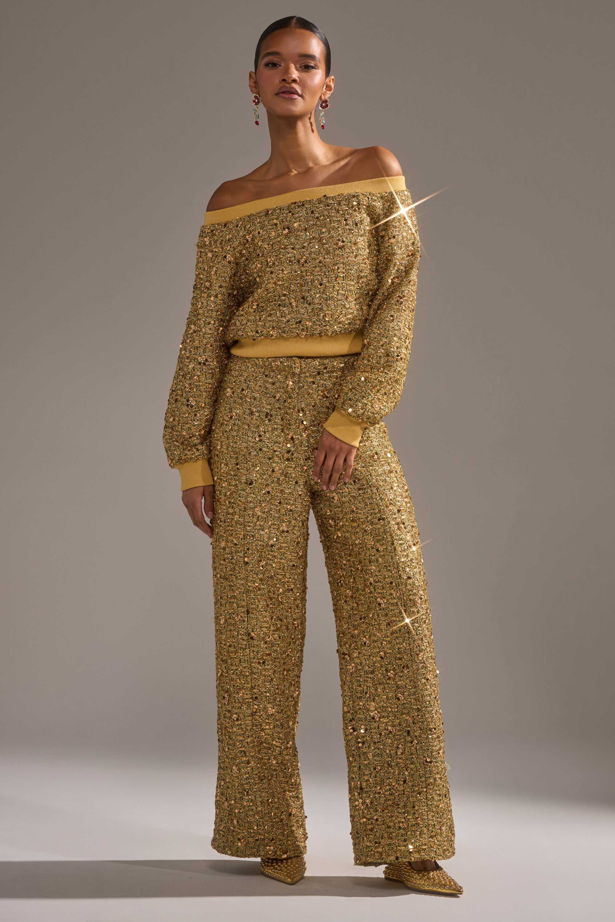PRETTY IN GOLD OFF THE SHOULDER SWEATSHIRT