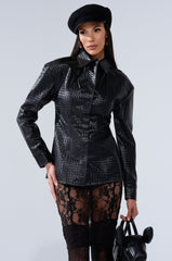 FEELING RICH FAUX LEATHER BUTTON DOWN IN BLACK