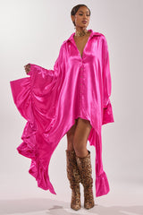 WONDERLUST SATIN LONG SLEEVE MINI DRESS IN PINK