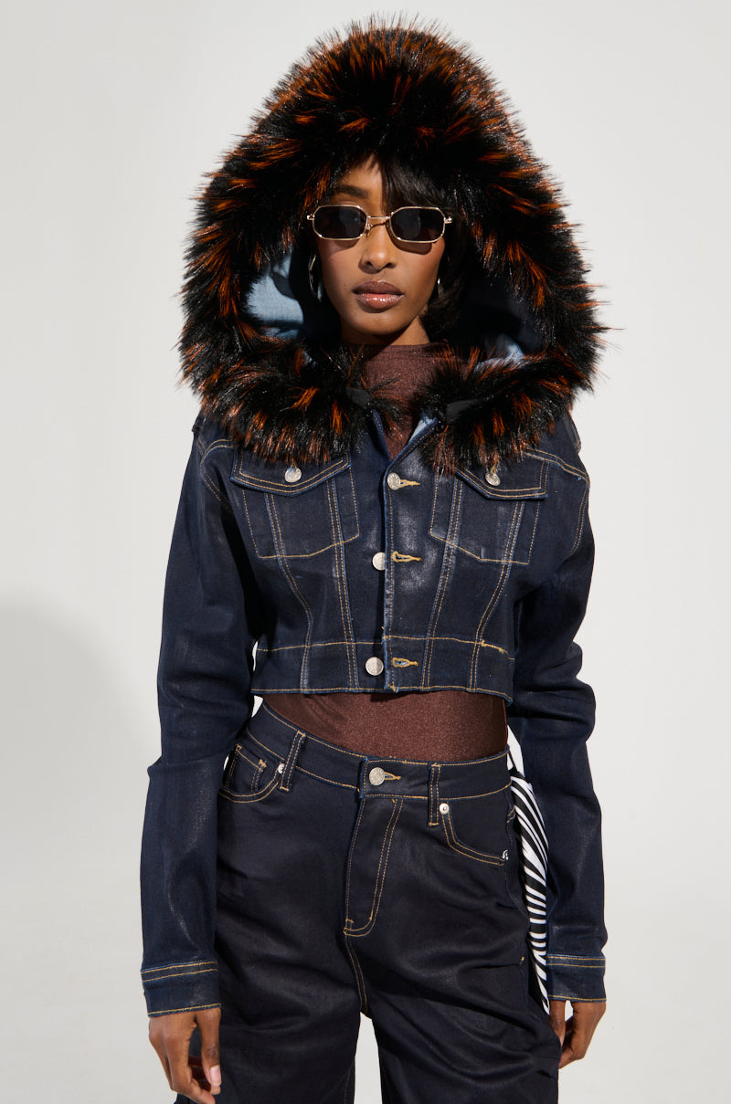 SITTING PRETTY FUR TRIM COATED DENIM JACKET