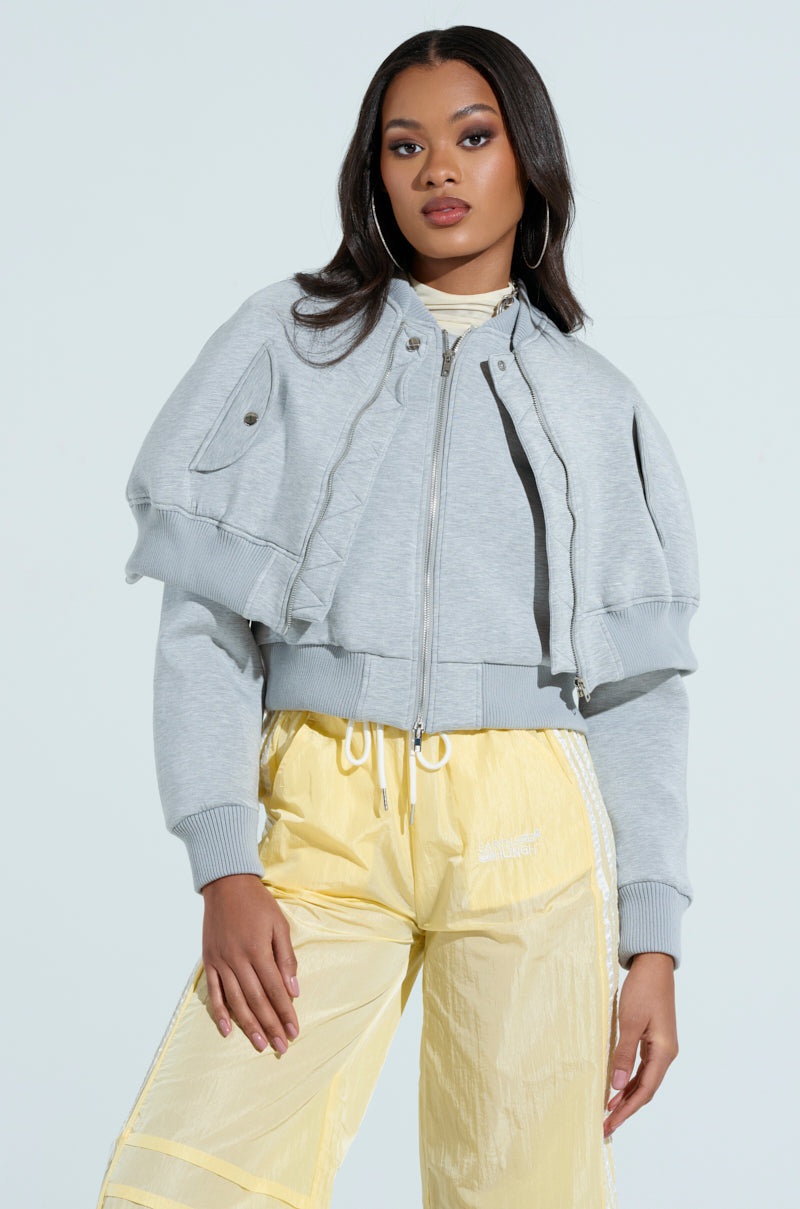 LYNX LAYERED BOMBER JACKET IN HEATHER GREY