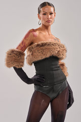 SO CHIC FAUX LEATHER BLOUSE WITH FUR TRIM