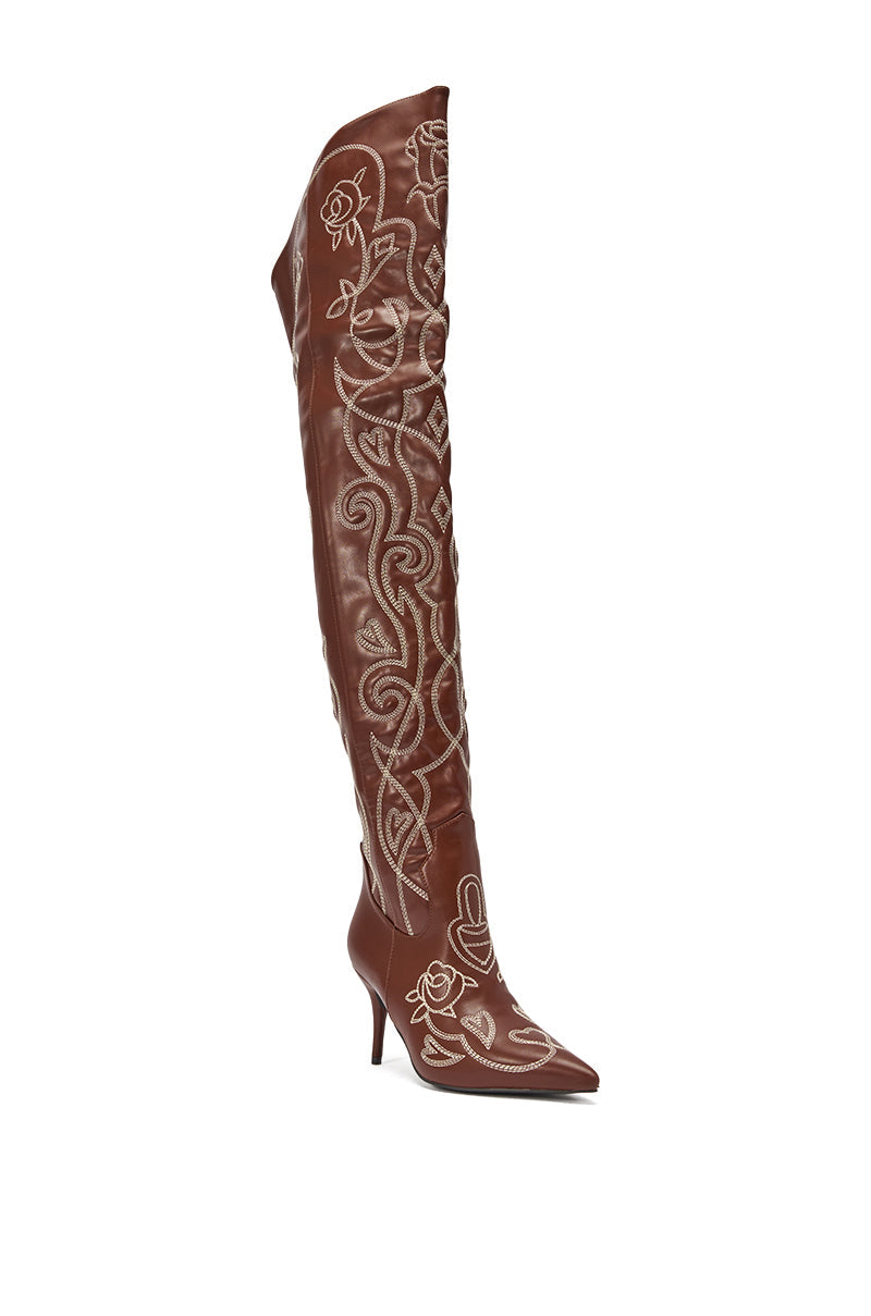 AZALEA WANG KETA BROWN WESTERN THIGH HIGH STILETTO BOOT