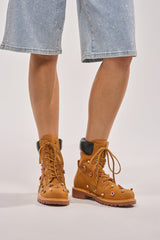 AKIRA GOLD LUSTER TAN EMBELLISHED FLAT COMBAT FESTIVAL BOOTIE