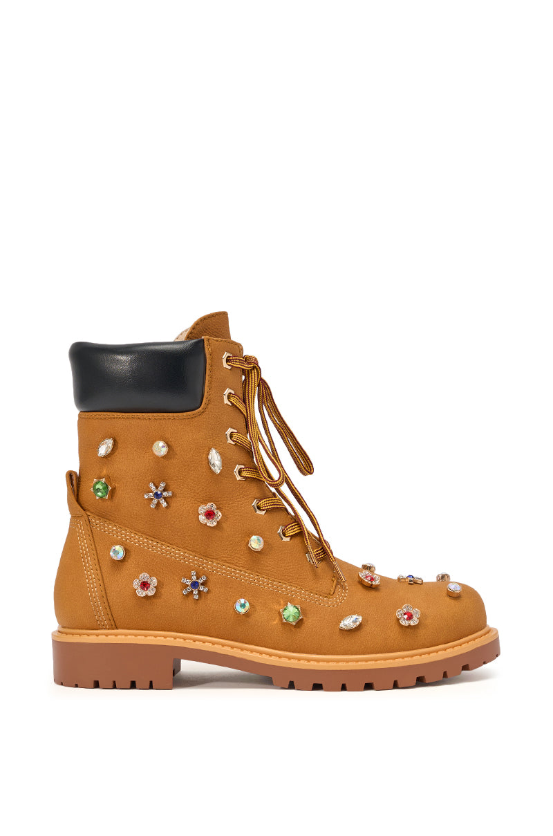 AKIRA GOLD LUSTER TAN EMBELLISHED FLAT COMBAT FESTIVAL BOOTIE