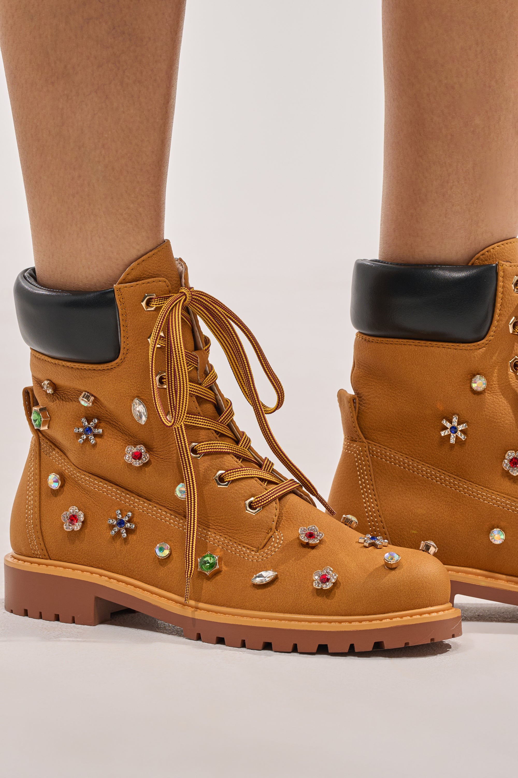 AKIRA GOLD LUSTER TAN EMBELLISHED FLAT COMBAT FESTIVAL BOOTIE