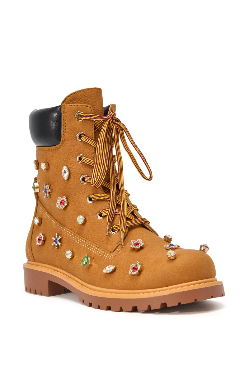 AKIRA GOLD LUSTER TAN EMBELLISHED FLAT COMBAT FESTIVAL BOOTIE