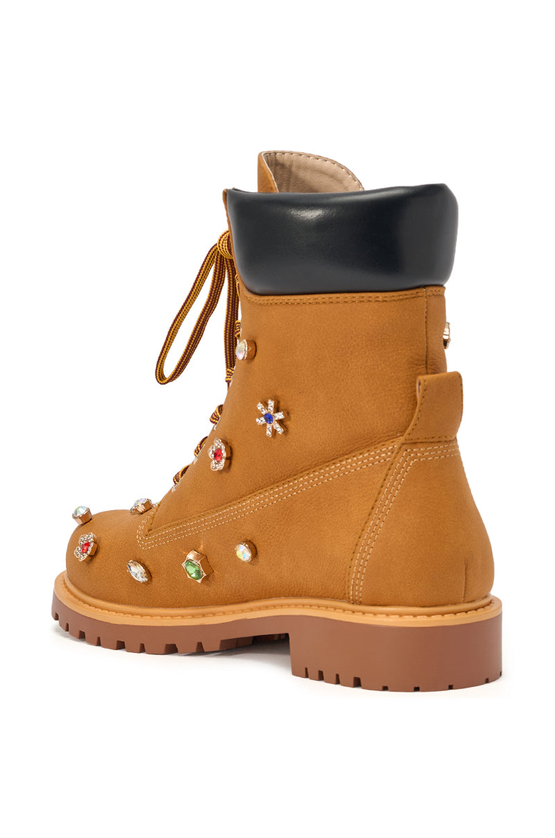 AKIRA GOLD LUSTER TAN EMBELLISHED FLAT COMBAT FESTIVAL BOOTIE