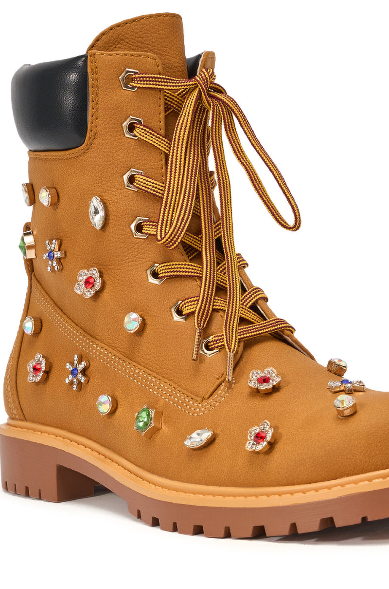 AKIRA GOLD LUSTER TAN EMBELLISHED FLAT COMBAT FESTIVAL BOOTIE