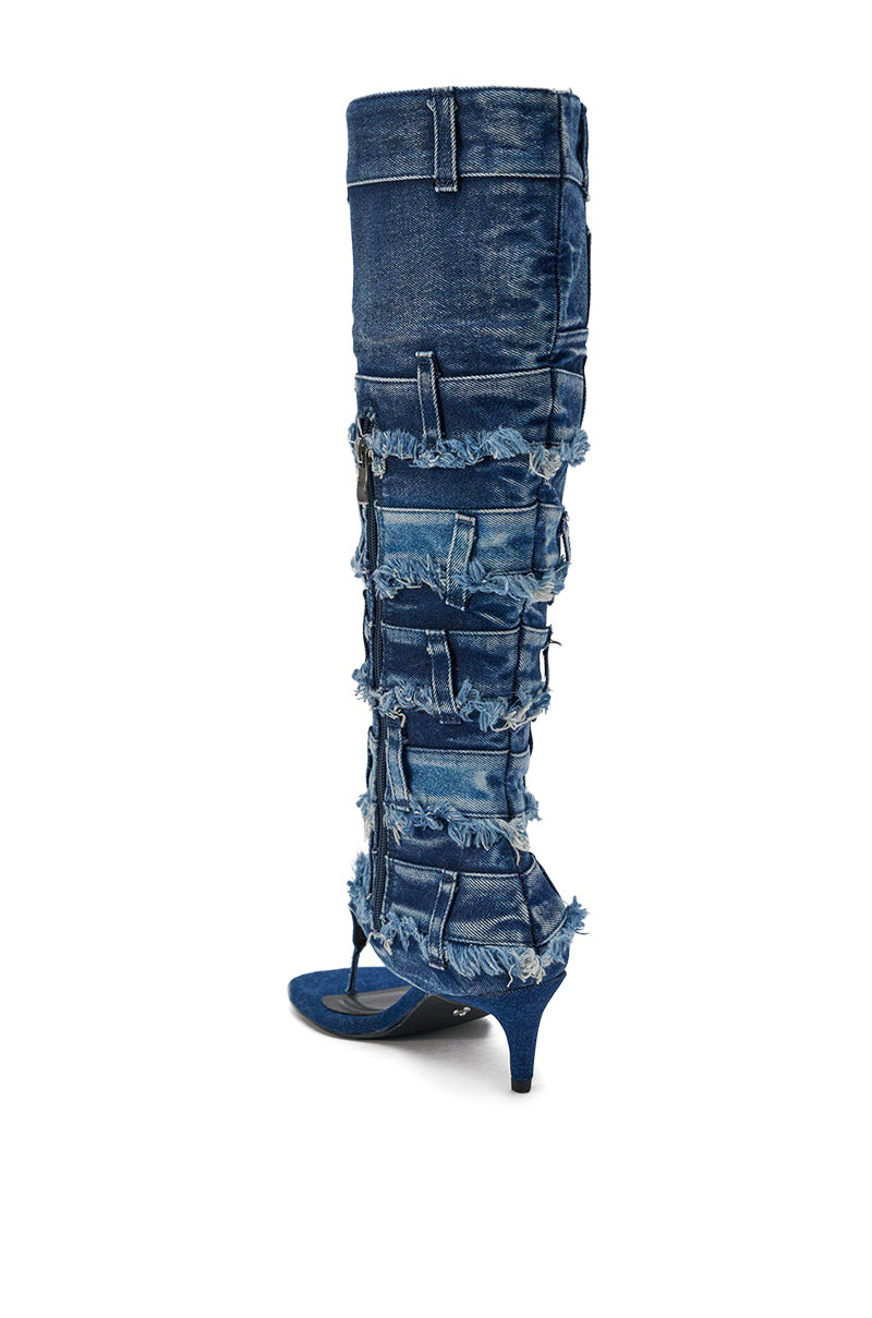 AKIRA GOLD MAHONEY DENIM PANT DETAIL GLADIATOR STILETTO