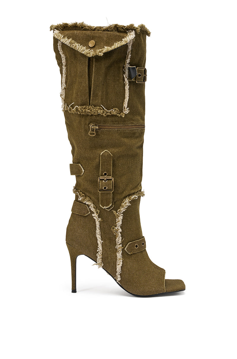 AKIRA GOLD NADAL OLIVE CANVAS OPEN TOE STILETTO BOOTIE