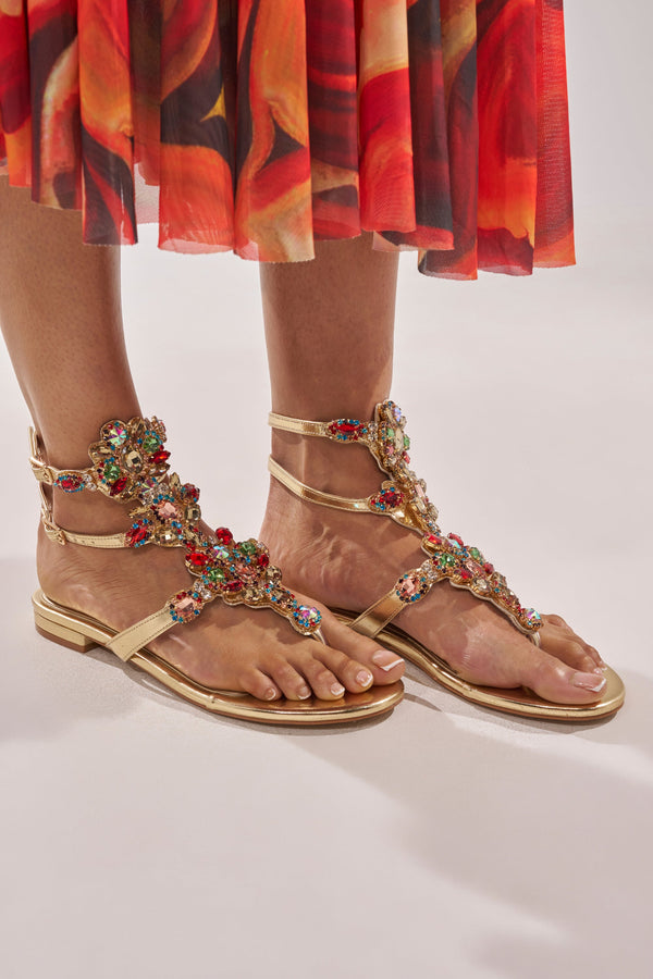 AZALEA WANG OLISA GOLD RHINESTONE EMBELLISHED FLAT SANDAL