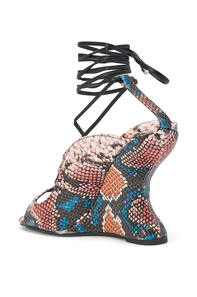 AZALEA WANG ORENA SNAKE MULTI WEDGE LACE UP SANDAL
