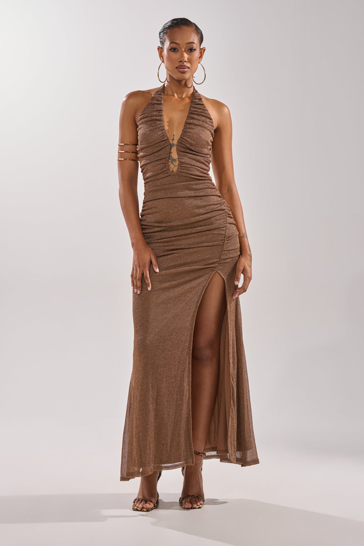 SERPENTI PLUNGE MAXI DRESS IN METALLIC BROWN